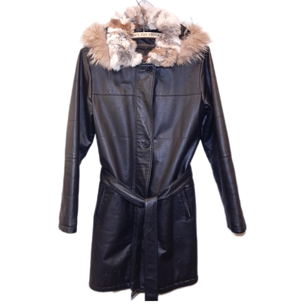 DANIER Hooded Leather Jacket Geniune Rabbit Raccoon Fur Trim Belted Collared